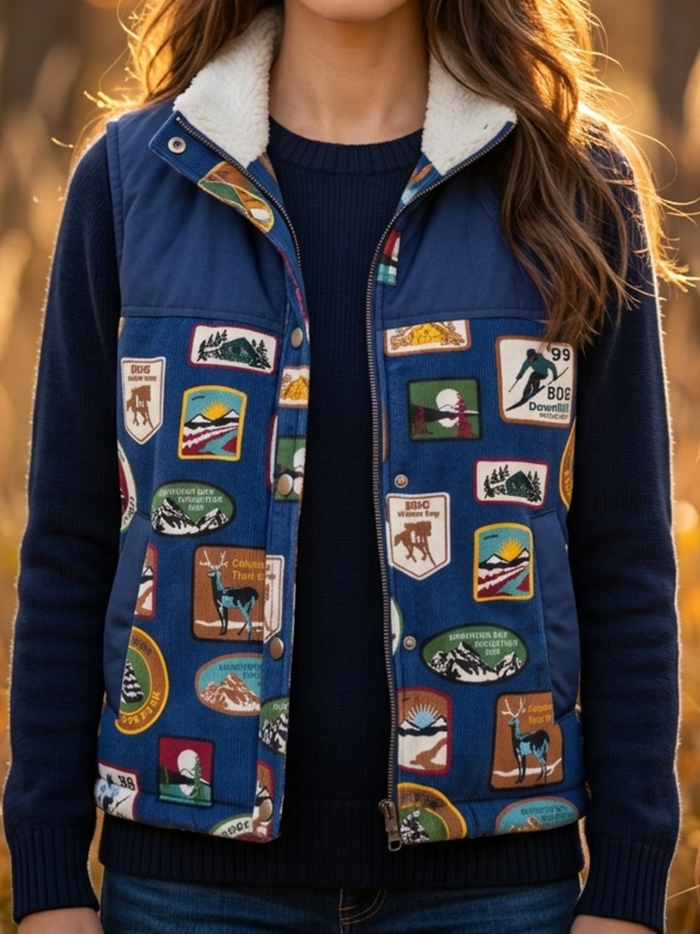 BDG Navy Patchwork Badge Vest with Fleece Collar Fall Core 100% Cotton